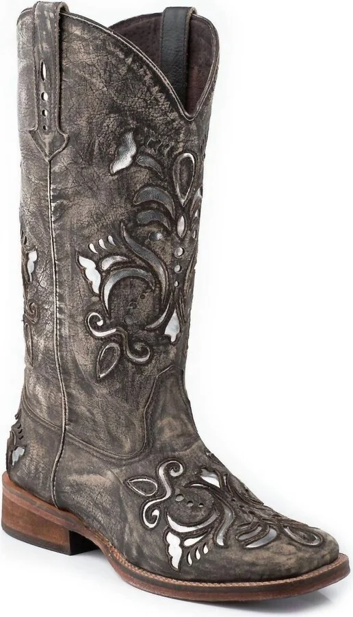 Women's Leather Cut Out Underlay Fashion Boot In Brown/silver