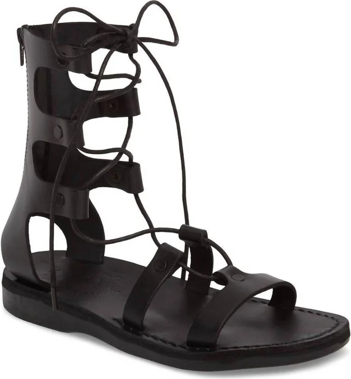 Women's Leather Gladiator Lace Up Sandal In Black