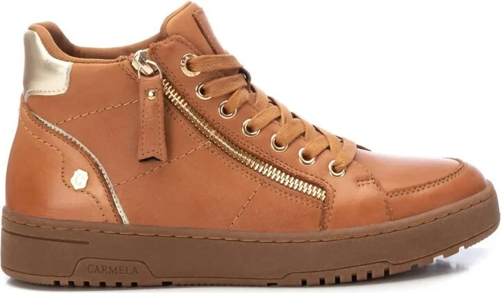 Women's Leather High Top Sneakers In Camel