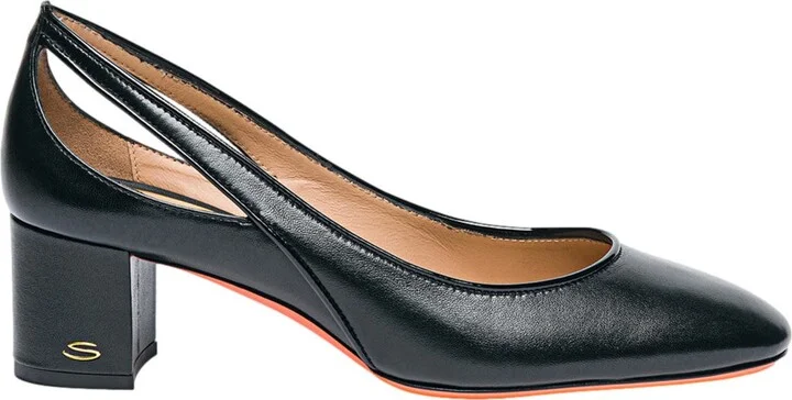 Women's leather mid-heel pump with almond toe and cut-out detail