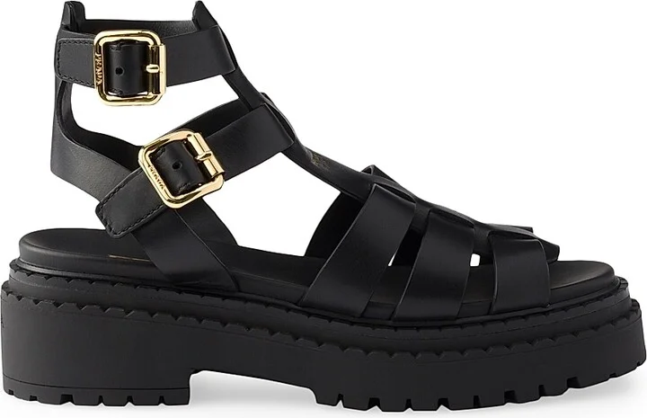 Women's Leather Sandals with Ankle Straps - Black - Size 6