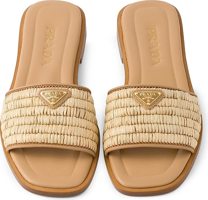 Women's Leather Slides with Crochet Details - Beige Khaki - Size 9 - Image 2
