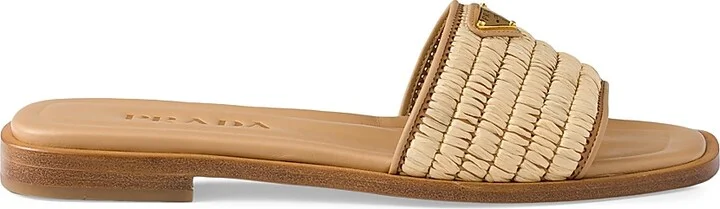 Women's Leather Slides with Crochet Details - Beige Khaki - Size 9