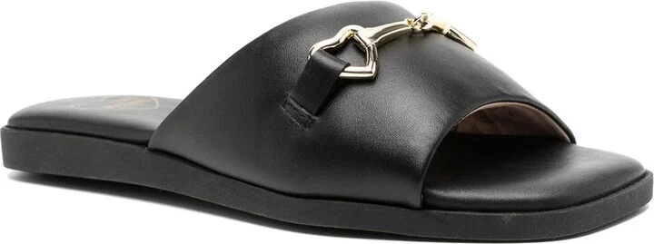 Women's Leather Slides with Heart Chain, Black