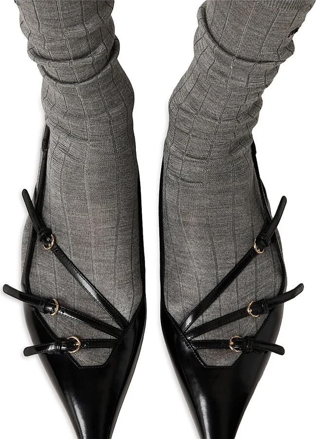 Women's Leather Slingback Ballerinas with Buckles - Black - Size 6 - Image 4