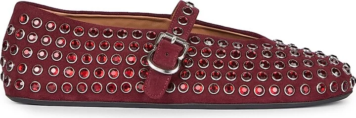 Women's Leather & Strass Ballet Flats - Rouge Grenat - Size 6