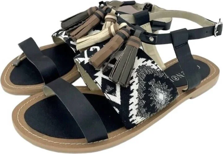 Women's Leather Tassels Strappy Flat Sandals In Black