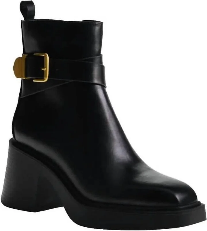 Women's Leather With Gold Buckle Ankle Boots In Black
