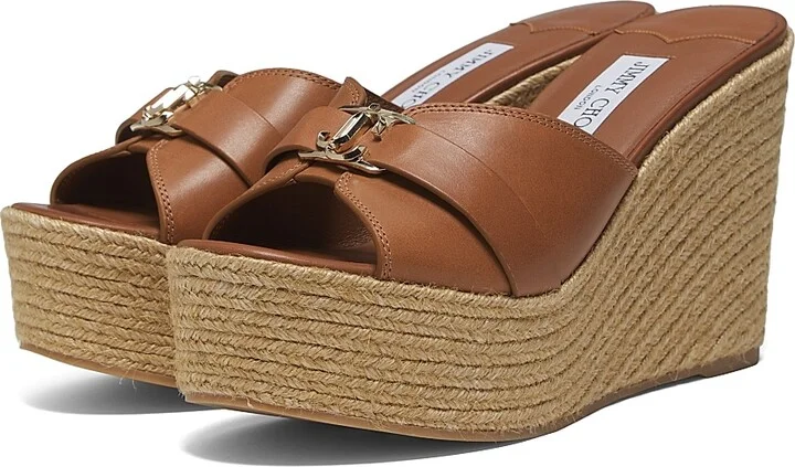 Women's Leda 100MM Leather Wedge Sandals - Tan Gold - Size 5.5 - Image 2