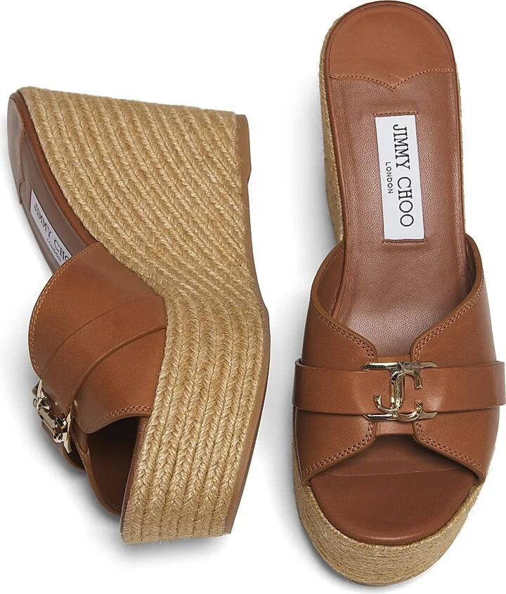 Women's Leda 100MM Leather Wedge Sandals - Tan Gold - Size 5.5 - Image 4
