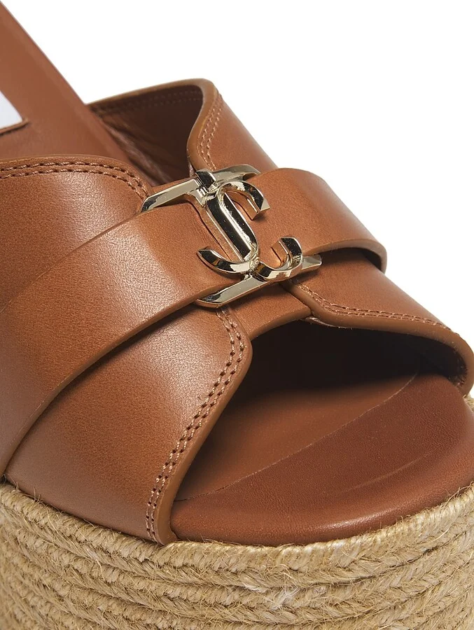 Women's Leda 100MM Leather Wedge Sandals - Tan Gold - Size 5.5 - Image 5
