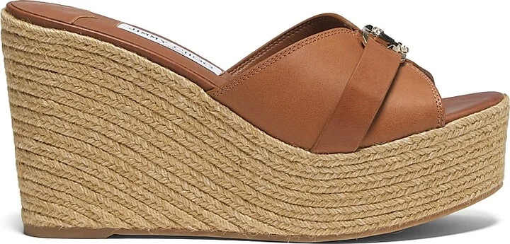 Women's Leda 100MM Leather Wedge Sandals - Tan Gold - Size 5.5