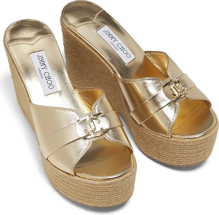 Women's Leda 100MM Metallic Leather Wedge Sandals - Gold - Size 5.5 - Image 4