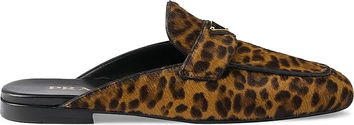 Women's Leopard Print Leather Mules - Beige Khaki - Size 5.5
