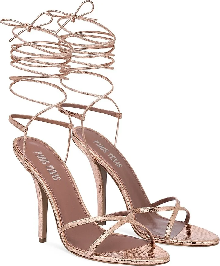 Women's Linda 105MM Embossed Metallic Leather Lace-Up Sandals - Rose Gold - Size 7 - Image 2