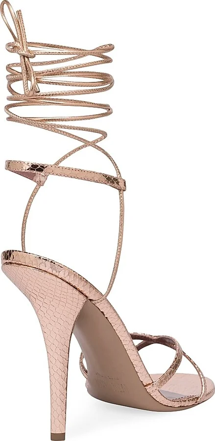Women's Linda 105MM Embossed Metallic Leather Lace-Up Sandals - Rose Gold - Size 7 - Image 3