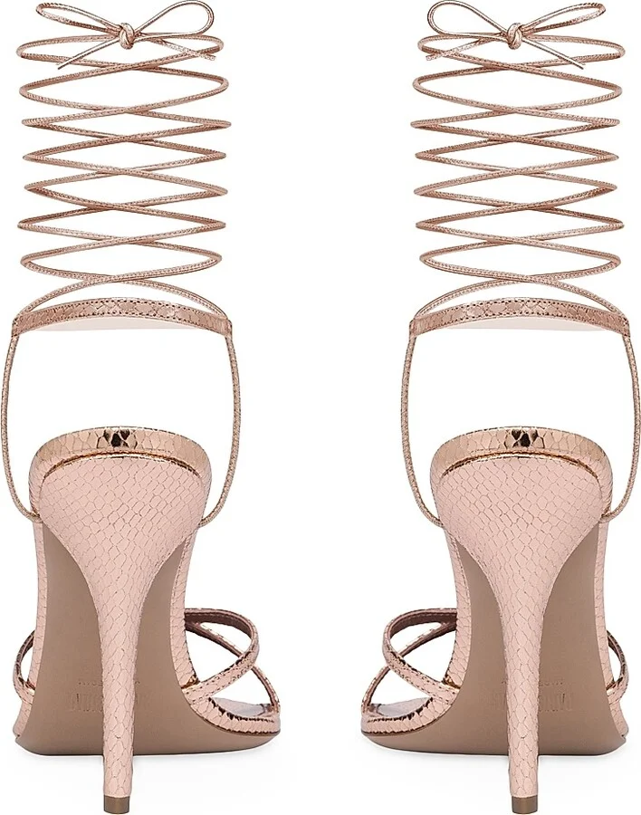 Women's Linda 105MM Embossed Metallic Leather Lace-Up Sandals - Rose Gold - Size 7 - Image 5