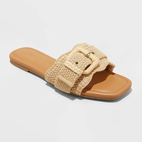 Women's Linda Raffia Buckle Slide Sandals - Universal Thread™ Tan : Adjustable Strap, Memory Foam Insole