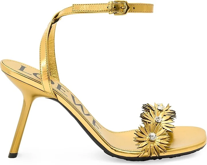 Women's LOEWE x Paula's Ibiza Petal Flower & Crystal 90MM Metallic Leather Sandals - Gold - Size 6