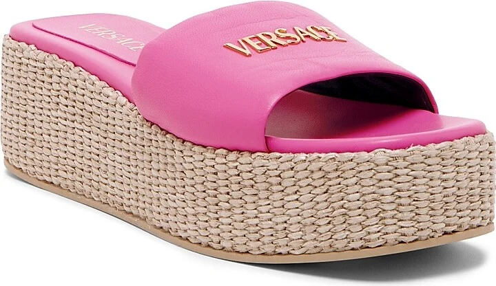 Women's Logo 55MM Leather & Raffia Platform Sandals - Dragon Fruit Versace Gold - Size 6 - Image 3