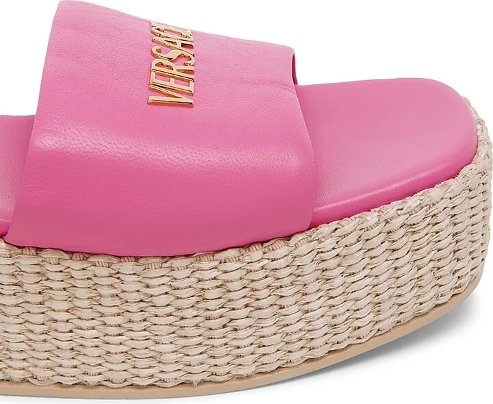 Women's Logo 55MM Leather & Raffia Platform Sandals - Dragon Fruit Versace Gold - Size 6 - Image 6