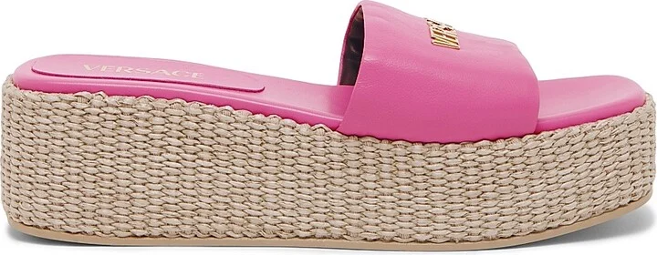 Women's Logo 55MM Leather & Raffia Platform Sandals - Dragon Fruit Versace Gold - Size 6