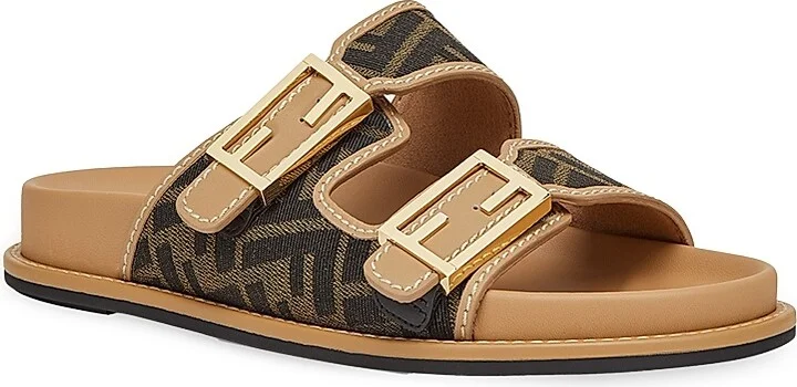 Women's Logo Canvas Flat Sandals - Brown Multi - Size 5 - Image 2