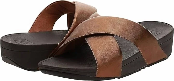 Women's Lulu Cross Slide Sandals Leather Wedge Mule In Bronze