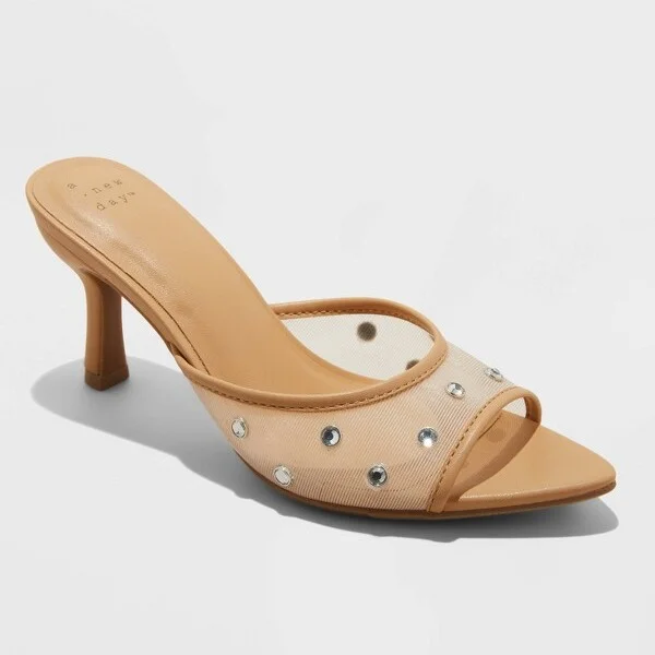 Women's Lupita Mesh Rhinestone Peep Toe Mule Heels with Memory Foam Insole - A New Day™ : Slip-On Stiletto, Medium Width