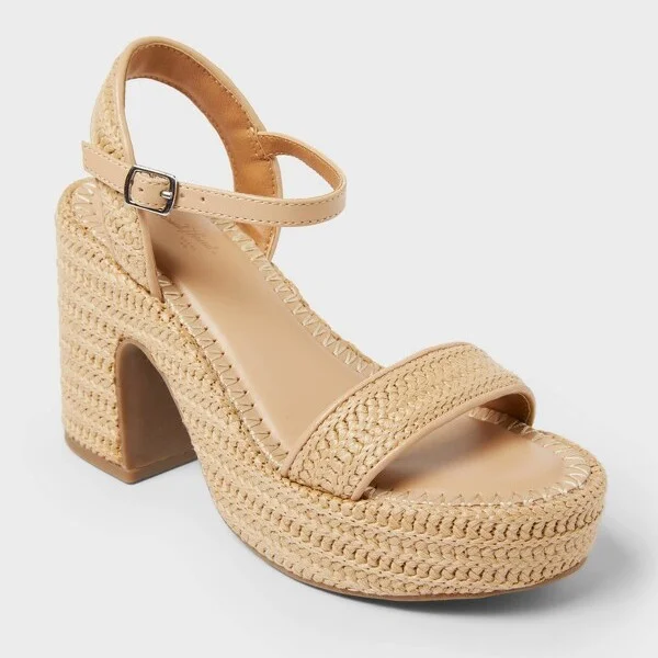 Women's Madeline Raffia Platform Sandal Heels with Memory Foam Insole - Universal Thread™ Tan : Block Heel, Ankle Strap