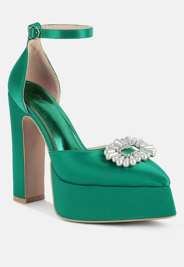 Womens Maeissa Pearls Brooch Detail Platform Block Heel Sandals - Image 3