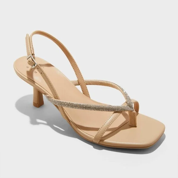 Women's Marin Rhinestone Skinny Thong Heels - A New Day™ : Square Toe, Cushioned Insole, Buckle Closure, Textured Outsole