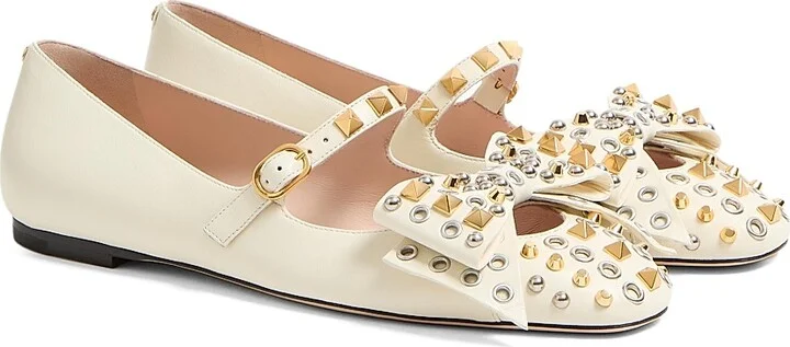 Women's Mary-Jane Bowow Ballerinas in Kidskin with Studs - Ivory - Size 7 - Image 2