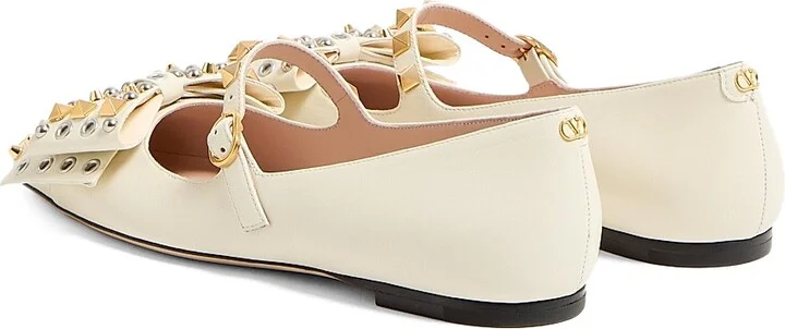 Women's Mary-Jane Bowow Ballerinas in Kidskin with Studs - Ivory - Size 7 - Image 3