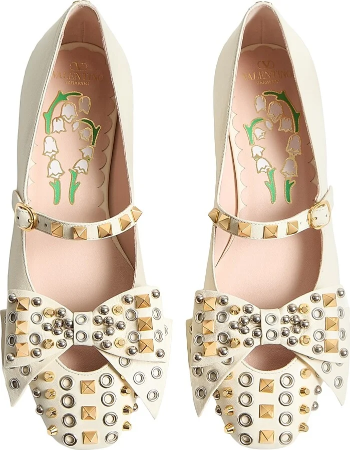 Women's Mary-Jane Bowow Ballerinas in Kidskin with Studs - Ivory - Size 7 - Image 4