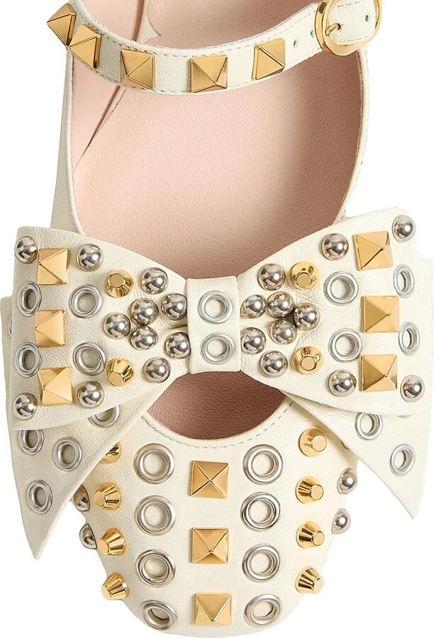 Women's Mary-Jane Bowow Ballerinas in Kidskin with Studs - Ivory - Size 7 - Image 6