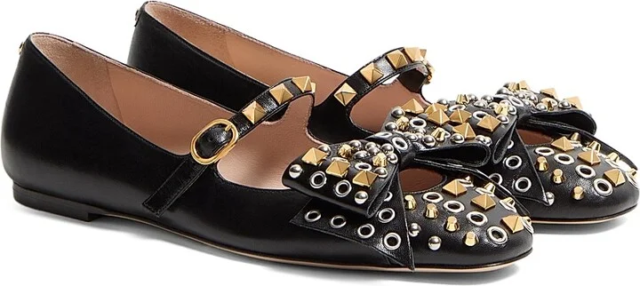 Women's Mary-Jane Bowow Ballerinas in Kidskin with Studs - Ivory - Size 7 - Image 8