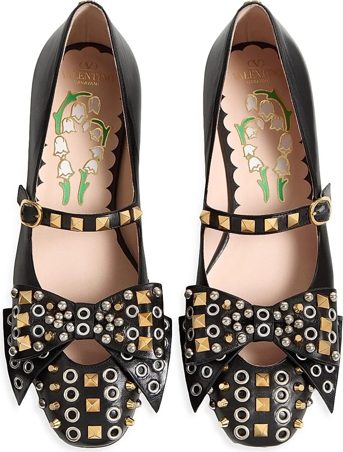 Women's Mary-Jane Bowow Ballerinas in Kidskin with Studs - Ivory - Size 7 - Image 10