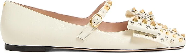 Women's Mary-Jane Bowow Ballerinas in Kidskin with Studs - Ivory - Size 7