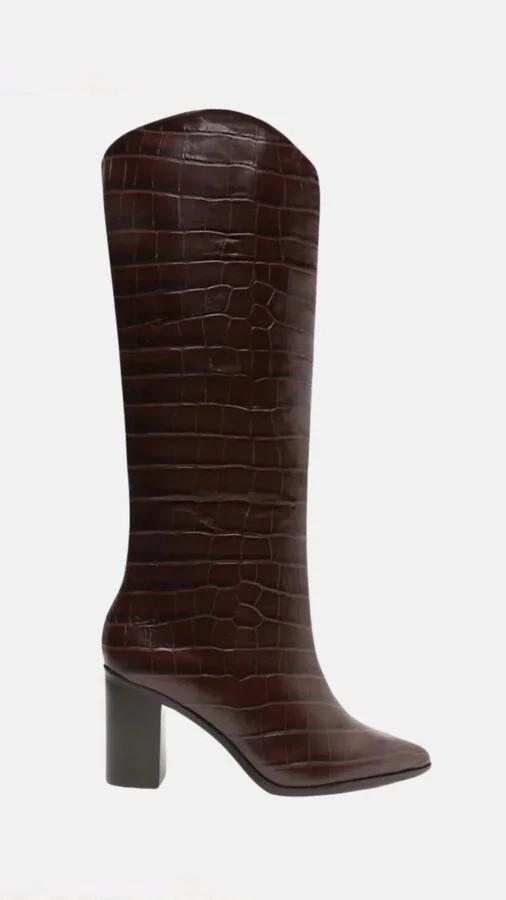 Women's Maryana Crocodile Embossed Leather Block Boot In Dark Chocolate
