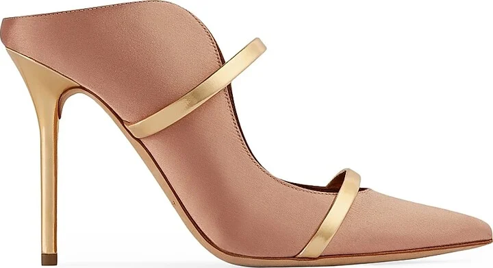Women's Maureen 100MM Satin Mules with Mirror Leather Straps - Blush - Size 12.5