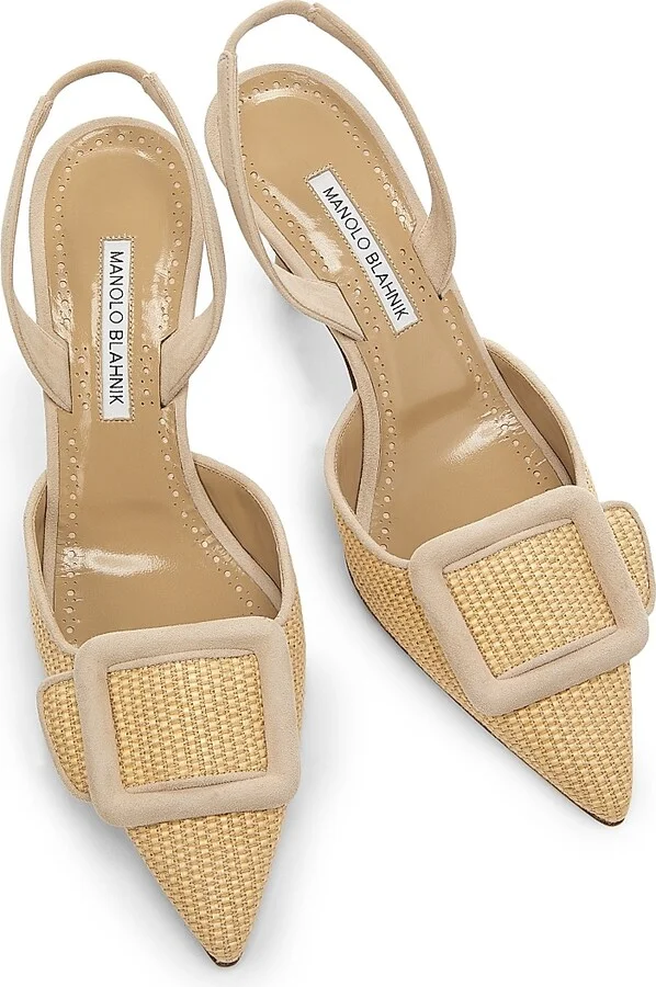 Women's Mayslibi 70MM Raffia & Leather Slingback Pumps - Dark Cream - Size 5.5 - Image 3