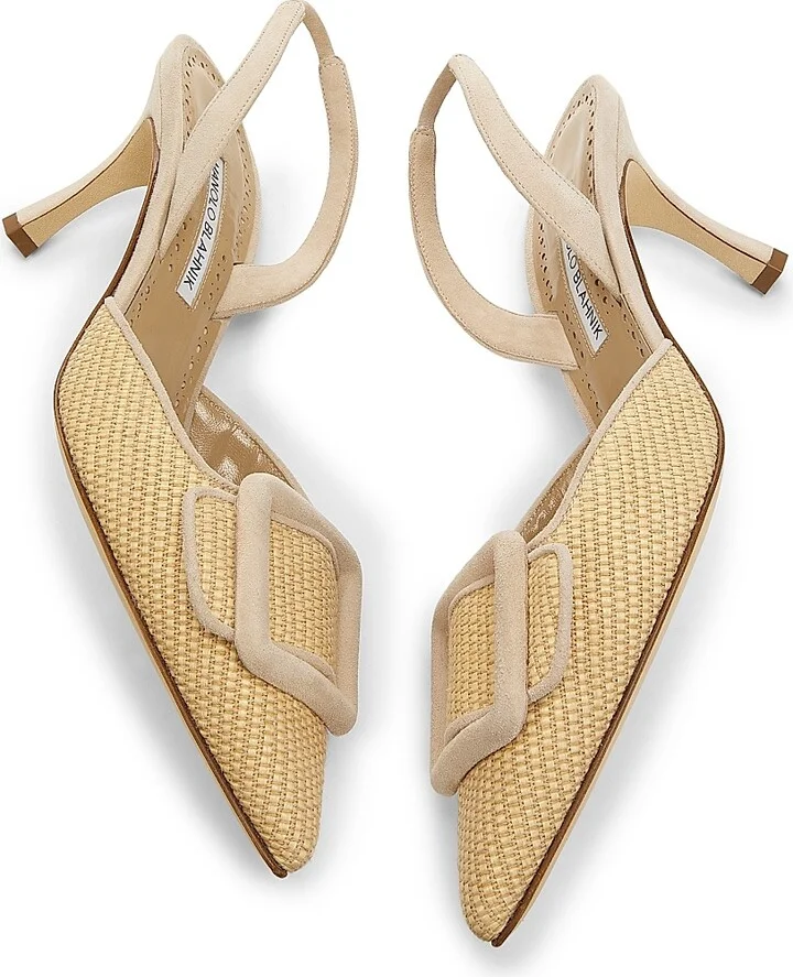 Women's Mayslibi 70MM Raffia & Leather Slingback Pumps - Dark Cream - Size 5.5 - Image 5