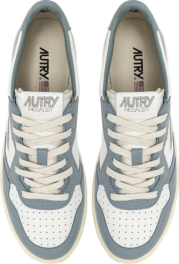 Women's Medalist Leather Low-Top Sneakers - White Silver Blue Ivory - Size 5 - Image 4