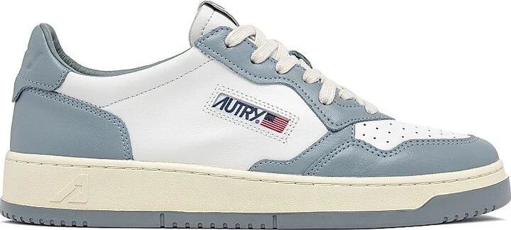 Women's Medalist Leather Low-Top Sneakers - White Silver Blue Ivory - Size 5