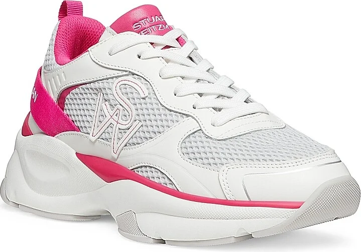 Women's Mesh & Leather Trainer Sneakers - White Fuchsia - Size 6 - Image 2