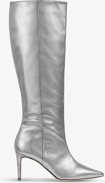 Womens Met-Pewter Astrid Pointed-Toe Metallic Leather Heeled Knee-High Boots Eur 35 / 2 Uk Women