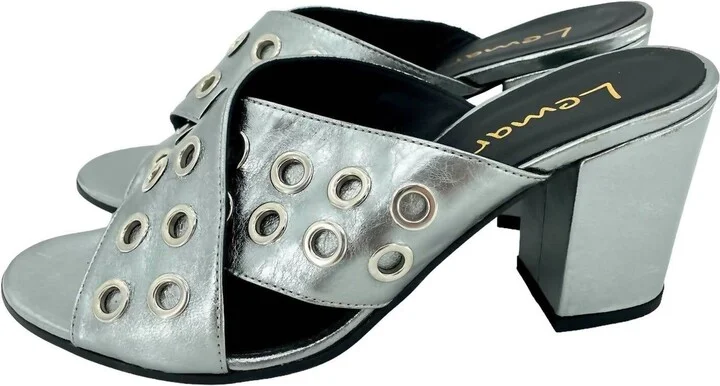 Women's Metallic Cross Grommet Block Heel Sandals In Pewter