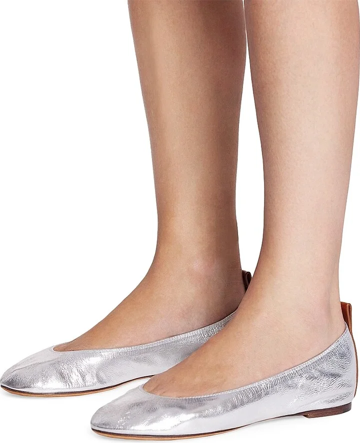 Women's Metallic Leather Ballerina Flats - Silver - Size 4 - Image 6