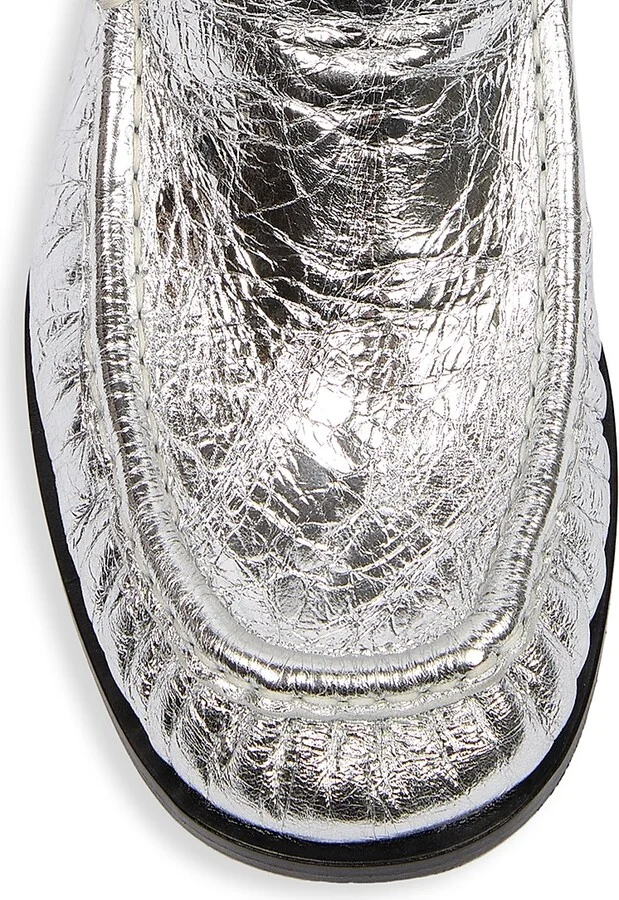 Women's Metallic Leather Loafers - Silver - Size 6 - Image 4